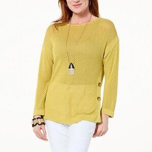 Wynne Collection Kiwi Green Yellow Open Knit Side Button Sheer Sweater XXS